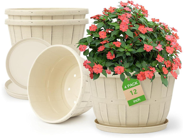 Quarut 12 Inch Large Planter Pot for Plants Indoor Outdoor, 4 Pack Plastic Flower Pots with Drainage Hole & Tray, Modern Decorative Garden Pot with...