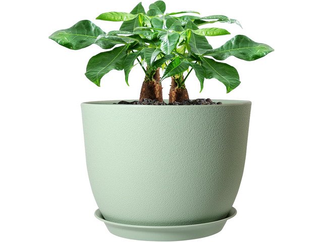UOUZ 12inch Large Plant Pot, Modern Plastic Planter with High Driange Holes and Saucer for Indoor Outdoor Garden Plants and Flowers, Green