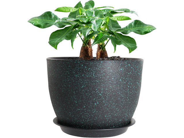UOUZ 12inch Large Plant Pot, Modern Plastic Planter with High Driange Holes and Saucer for Indoor Outdoor Garden Plants and Flowers, Black with...