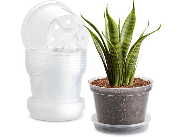 7 Pack 8 Inch Clear Nursery Pots with Saucer, Transparent Plastic Plant Pot with Drainage Holes, Sturdy Plant Starter Pots, Planter Pot for...