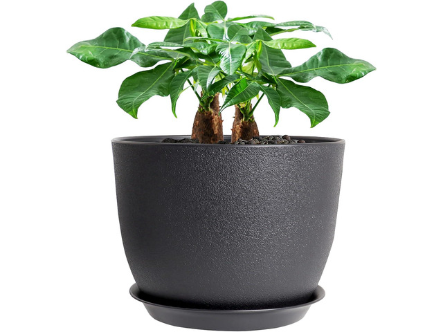 UOUZ 12inch Large Plant Pot, Modern Plastic Planter with High Driange Holes and Saucer for Indoor Outdoor Garden Plants and Flowers, Black