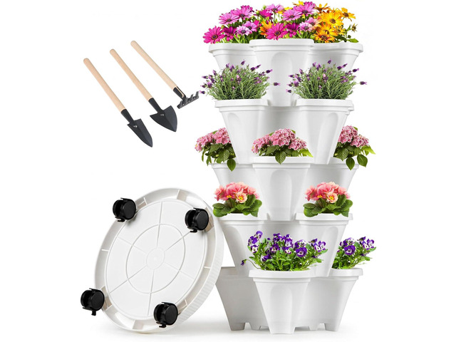 GameXcel Vertical Planter Tower - 5 Tier Stackable Garden Planters with Wheels and Tools Plant Pots for Strawberry Herb Flower and Vegetable Indoor...