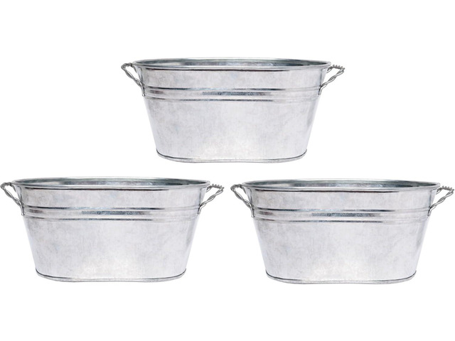 Hosley Set of 3 Galvanized Oval Planters 8 Inches Long with Handles, Rustic Charm for Floral Arrangements Indoor and Outdoor Gardening D cor