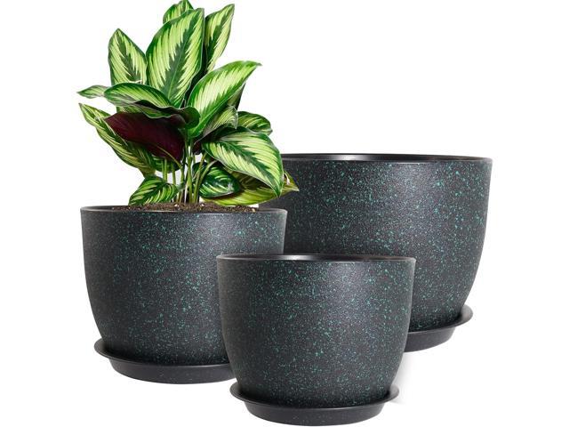 WOUSIWER Plant Pots 10/9/8 inch, Set of 3 Modern Decorative Plastic Planters with Drainage Holes and Saucers for House Plants Indoor Flowers...