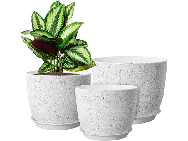 WOUSIWER Plant Pots 10/9/8 inch, Set of 3 Modern Decorative Plastic Planters with Drainage Holes and Saucers for House Plants Indoor Flowers...
