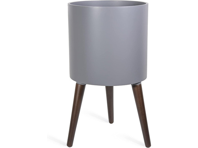 D'vine Dev 12 Inch Planter Pot with Stand, Mid-Century Tall Plant Pot with Legs for Indoor Plants, Large, Grey, 88-O-C-3