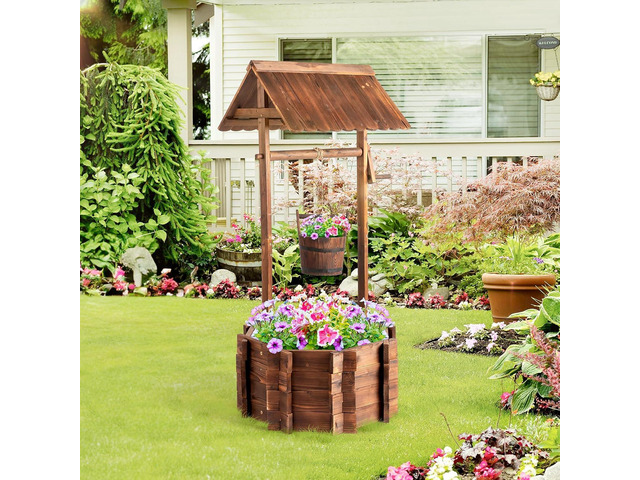 VINGLI Wooden Wishing Well Outdoor Planters, Well Covers for Yard with 2 Reinforced Rods, Height Adjustable Hanging Bucket, Rustic Flower Pot Home...