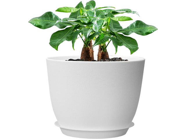 UOUZ 12inch Large Plant Pot, Modern Plastic Planter with High Driange Holes and Saucer for Indoor Outdoor Garden Plants and Flowers, White