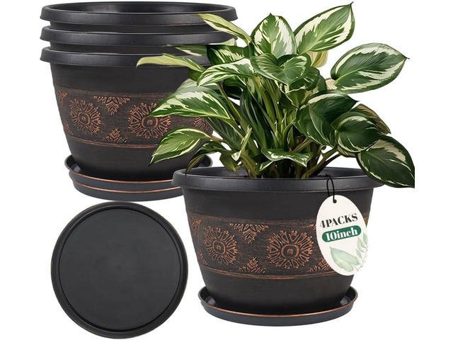 Usocik 4 Pack 10 inch Plant Pots, Retro Pattern Planters with Drainage Holes and Saucer, Sturdy Plastic Garden Flower Pots for Indoor & Outdoor Plants
