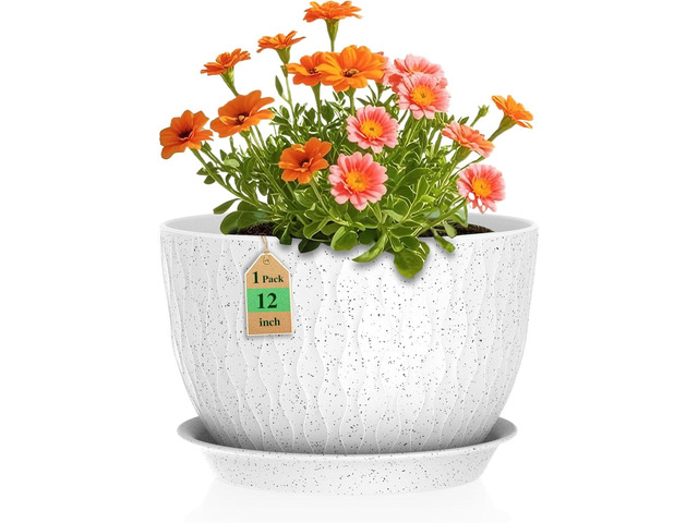 WSMKSZ 12 Inch Wide Water Ripples Flower Pots for Indoor or Outdoor Plants, Large Plant Pots with Drainage Holes & Saucer, Plastic Planters Set for...