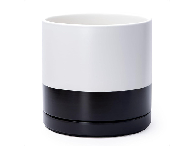 D'vine Dev 12 Inch Ceramic Planter Pot with Drainage Hole and Saucer, Indoor Cylinder Round Planter Pot, Layered Monochrome Black & White, 94-O-F-L