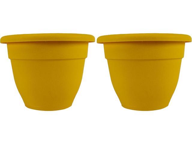 The HC Companies 8 Inch Caribbean Round Planter - Lightweight Indoor Outdoor Plastic Plant Pot with Drainage Plug, Honey (Pack of 2)