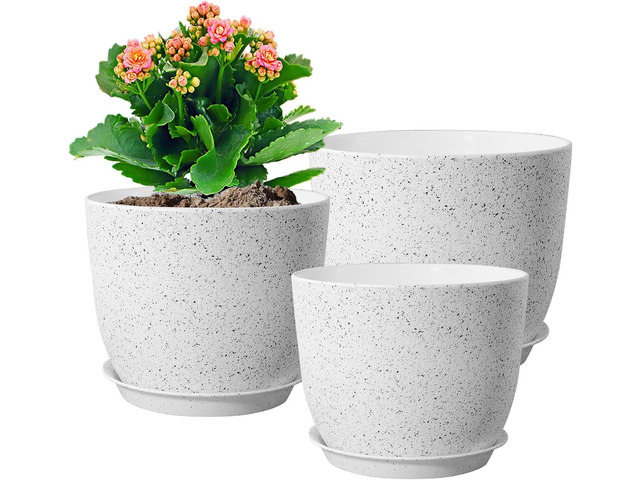 WSMKSZ 10/9/8 inch Medium Plant Pots, Set of 3 Modern Decorative Plastic Planters with Drainage Holes and Saucers for Garden House Plants, Flower...