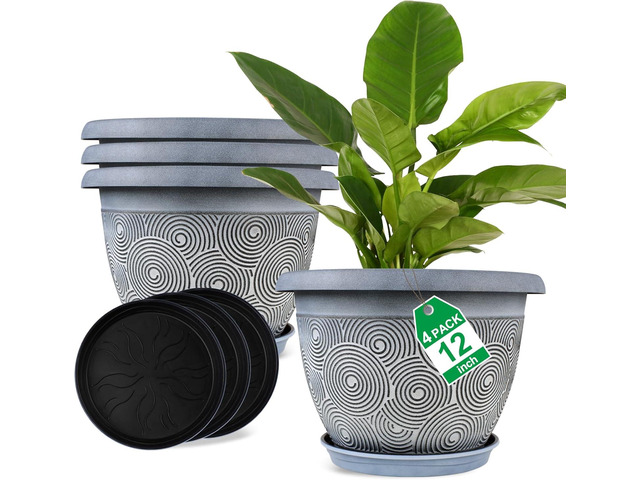 Fodetyff 12 Inch Large Planter Pot for Plants Indoor Outdoor, 4 Pack Plastic Flower Pots with Drainage Hole & Tray, Modern Decorative Garden Pot...