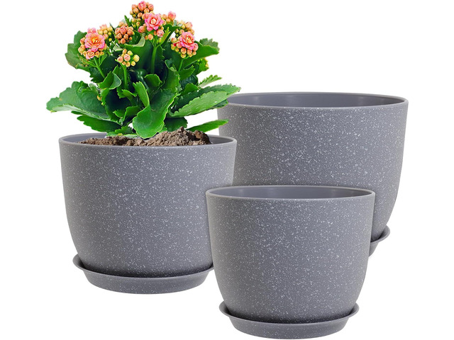 WSMKSZ 10/9/8 inch Plant Pots, Set of 3 Modern Decorative Plastic Planters with Drainage Holes and Saucers for Garden House Plants, Flower Pots for...
