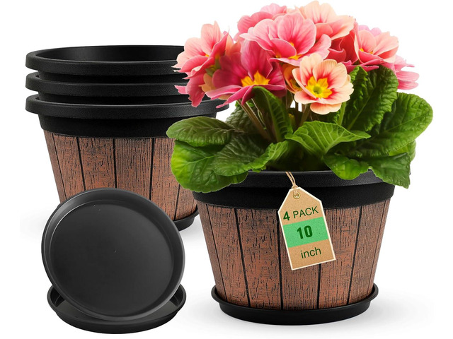 Quarut 4 Pack 10 inch Plant Pots,Upgrade Whiskey Barrel Planters with Drainage Holes & Saucer,Plastic Decoration Flower Pots Retro Design,Planters...
