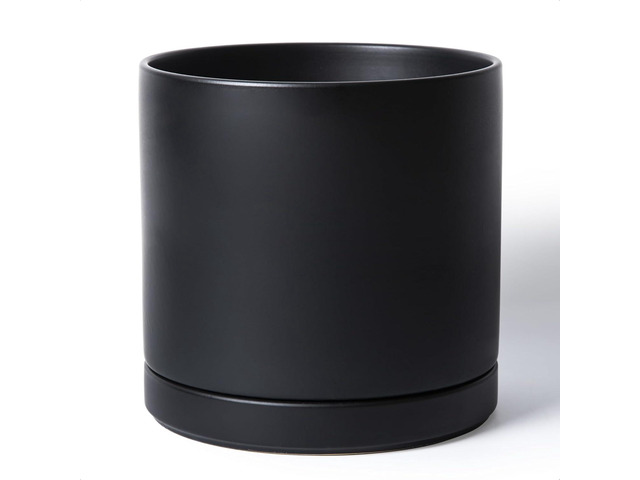 D'vine Dev 12 Inch Ceramic Planter Pot with Drainage Hole and Saucer, Indoor Cylinder Round Planter Pot, Black, 94-O-F-2