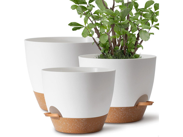 TYMENSH Plant Pots 12/10/9 inch Set of 3, Self Watering Flower Pots Indoor Outdoor, Planters with Drainage Hole Saucer Reservoir, White