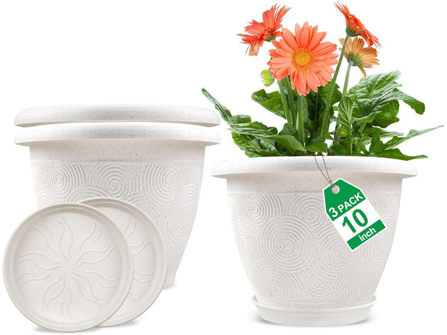 Plastic Flower Pots Planters For Indoor Plants, 3 Pack 10 Inch White Plant Pots With Drainage Hole & Tray, Modern Decorative Large Plant Pot With...