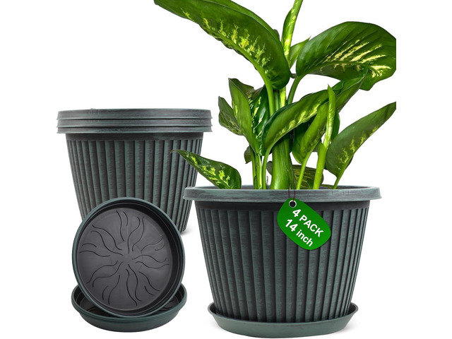 Large-Planter-Indoor-Outdoor Plant Pots, 14 inch 4 Pack Plastic Flower Pots with Saucer And Drainage Holes, Modern Garden Planters For Planting...