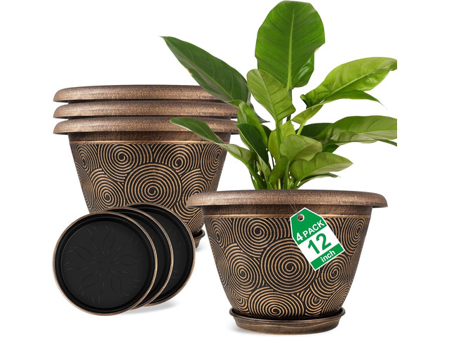 Fodetyff 12 Inch Large Planter Pot for Plants Indoor Outdoor, 4 Pack Plastic Flower Pots with Drainage Hole & Tray, Modern Decorative Garden Pot...