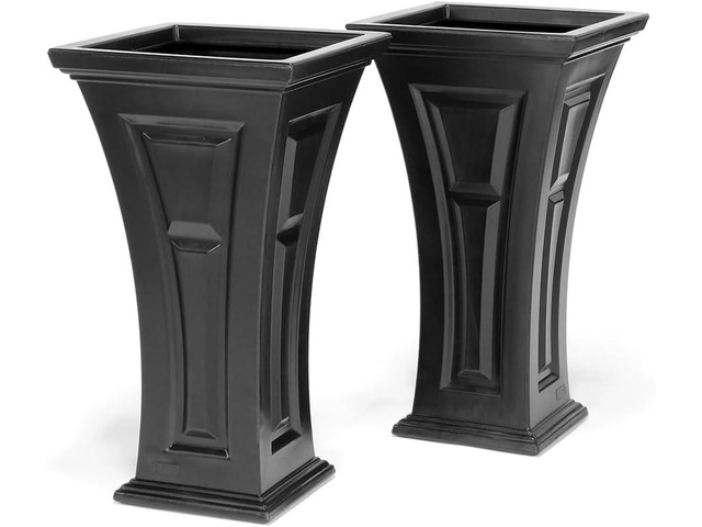 FCMP Outdoor Heritage Self-Watering Planter (2-Pack) Set of 2 Large Planters for Porch, Patio, Outdoor/Indoor (HP3000-BLK-2) Black (28.5-inch Tall)