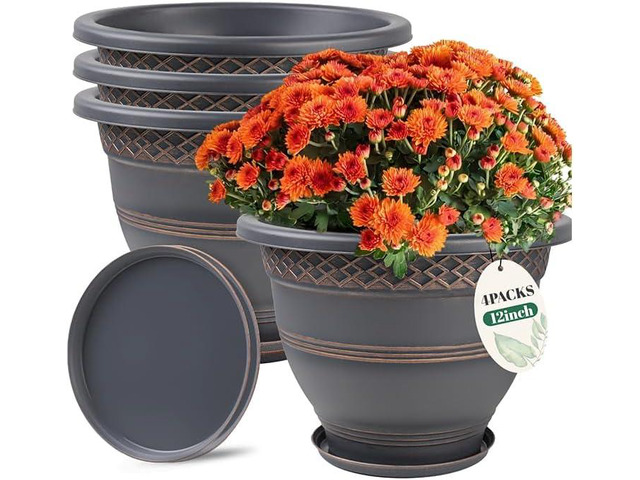 Usocik 4 Pack 12 Inch Large Plant Pots, Plastic Flower Pot for Indoor & Outdoor with Drainage Holes & Saucer, Plaid Pattern Planters Garden Pots...