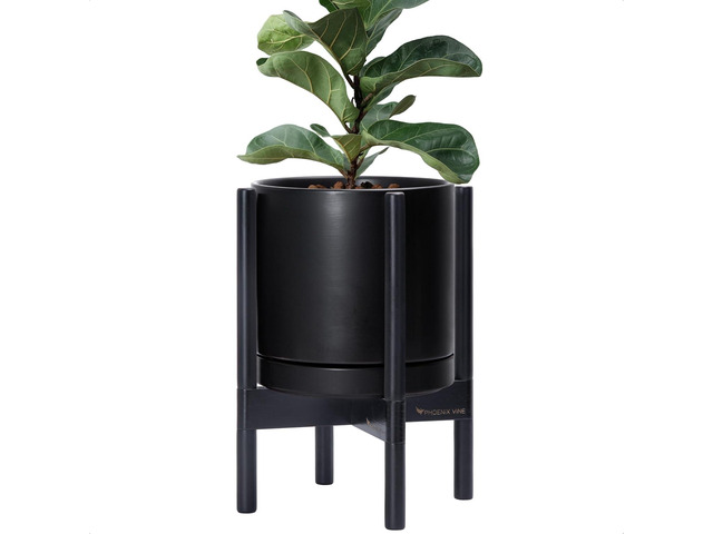 D'vine Dev Ceramic Planter with Ebony Stand - 10 Inch Modern Round Flower Pot with Wood Planter Holder, Black, 55-B-L-2