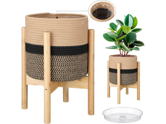 Plant Basket with Stand Indoor Planter Pot Holder Sturdy Jute Rope Modern Woven Basket, Cotton Rope Woven Pot with Bamboo Stand(10 Inch,Black and...