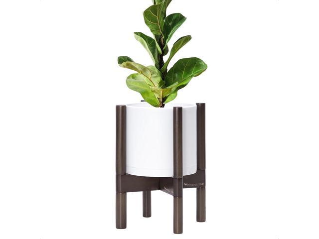 D'vine Dev Planter Pot with Stand - 8 Inch Plastic Cylinder Flower Pot with Wood Planter Holder for Indoor, Matte White Pot + Walnut Color Stand,.