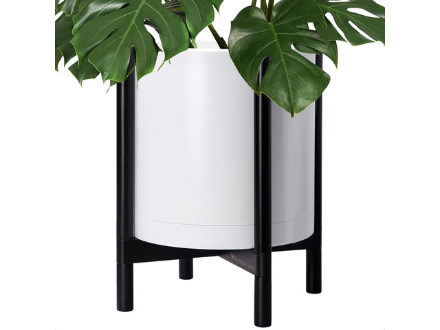 D'vine Dev Planter Pot with Stand - 16 Inch Plastic Cylinder Flower Pot with Wood Planter Holder for Indoor, Matte White Pot + Ebony Stand, 55-C-Z-1