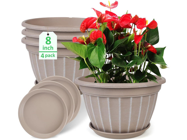 FGstyle 4 Pack Flower Pots,8 Inch Plants Pot,Planters Pot with Drainage Hole & Saucer,Modern Planters for Indoor Outdoor Plants,Decorative Resin...