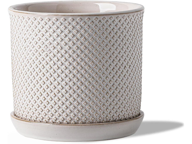 5.8 Inch Plant Pot: Ceramic Planter with Drainage Hole & Saucer for Indoor Outdoor Plants - Flowerpot with Bonded Tray for Home Office - Beaded...