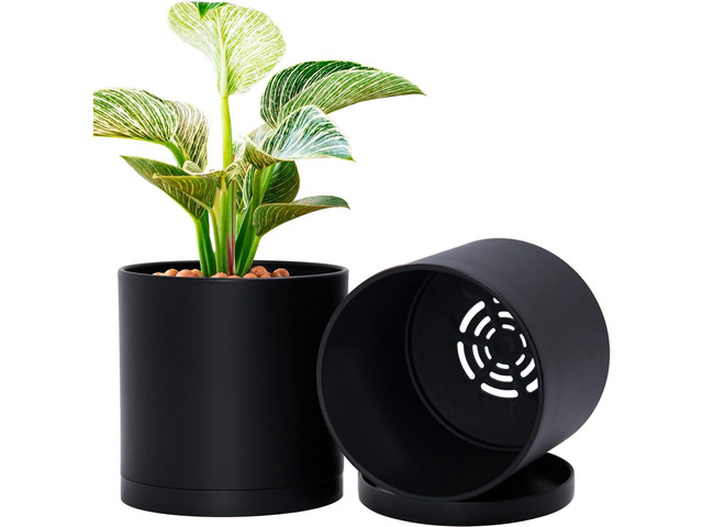 D'vine Dev 2 Pack 6 Inch Modern Plastic Plant Pots, Small Garden Planters for Plant with Drainage Holes and Saucers, Black Color, 74-Y-J-1