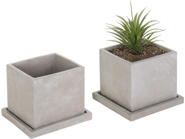 MyGift 5-Inch Square Light Gray Cement Plant Pot with Drainage, Small Flower Succulent Planters with Removable Saucer Trays, Set of 2