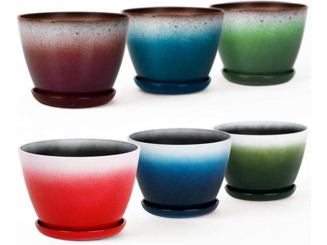 Worth Garden Plastic Round 8' Plant Pots - Set of 6 Multicolor Small Gloss Flower Pot Planters with Drainage Hole and Saucer - Home Decorative...