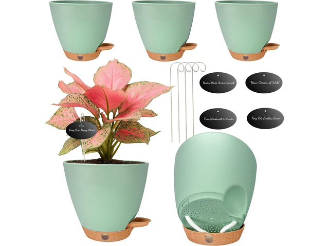 6 Inch Self Watering Pots for Indoor Plants(5-Pack) Small Plastic Planters with Water Level Window, Drainage Holes & Detachable Trays, Indoor...
