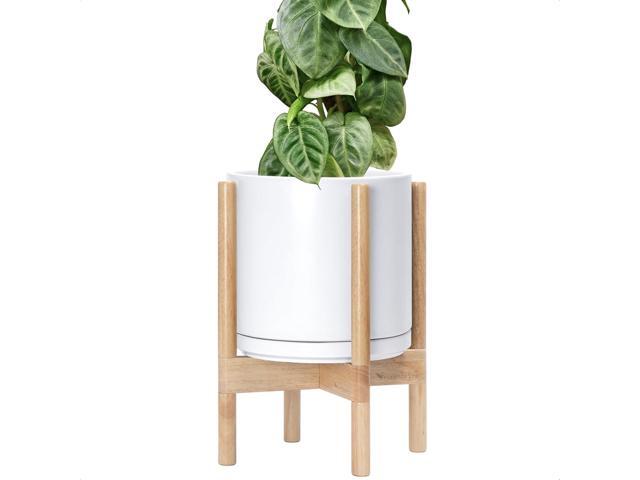 D'vine Dev Ceramic Planter with Natural Stand - 10 Inch Modern Round Flower Pot with Wood Planter Holder, White, 55-B-K-1