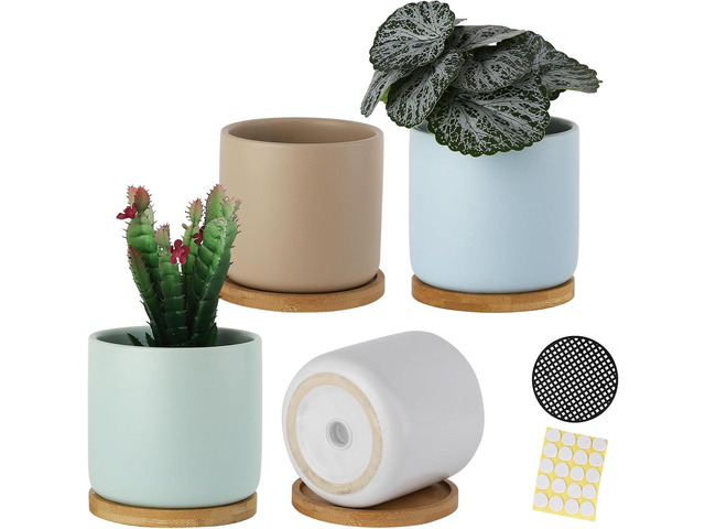 4 Inch Planters with Drainage Hole and Saucer, Small Ceramic Cylinder Plant Pot with Trays for Succulent, Aloe, Cactus & Herbs, Morandi Colors, Set...