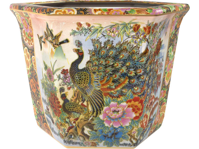 Red Lantern 10' Porcelain Flower Pot, Satsuma Ladies & Peacock