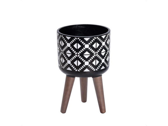 D'vine Dev 8 Inch Planter Pot with Stand, Mid-Century Tall Plant Pot with Legs for Indoor Plants, Small, White/Black, 88-G-A-4