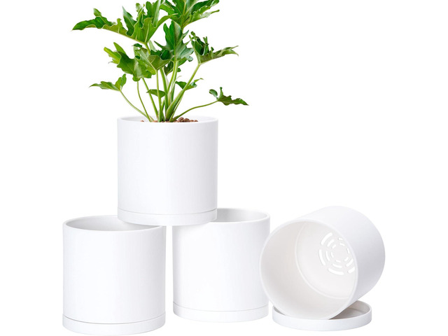D'vine Dev 4 Pack 6 Inch Modern Plastic Plant Pots, Small Garden Planters for Plant with Drainage Holes and Saucers, White Color, 74-Z-J-2