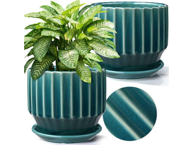AISBUGUR Plant Pots 6 inch Ceramic Pots for Indoor Plants Set of 2 Flower Pots Unique Crackle Glaze Design Plant Pots with Drainage Hole and Saucer...