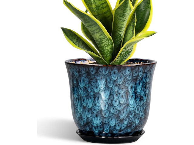 8 Inch Plant Pot - Ceramic Planter for Indoor Outdoor, Round Planter with Drainage Hole and Saucer, Modern Planters, Flower Pots, Apartment Porch...