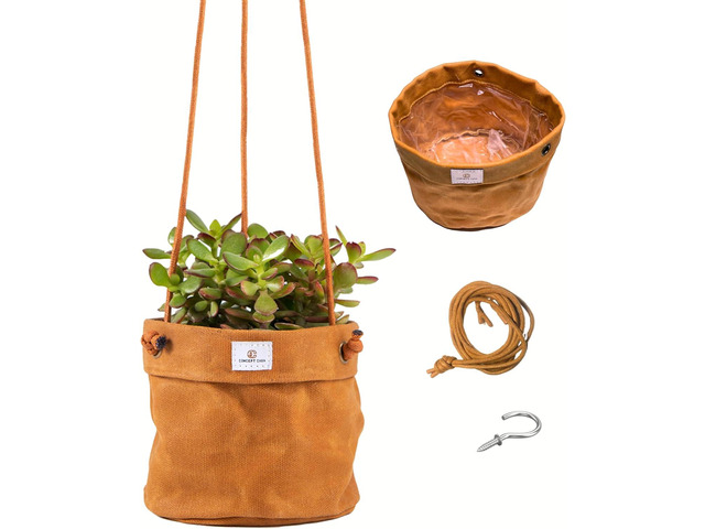 Waxed Canvas Handmade Hanging Planter for Indoor/Outdoor Plants, Hanging Basket Plant Holder Dijon Yellow with Hook