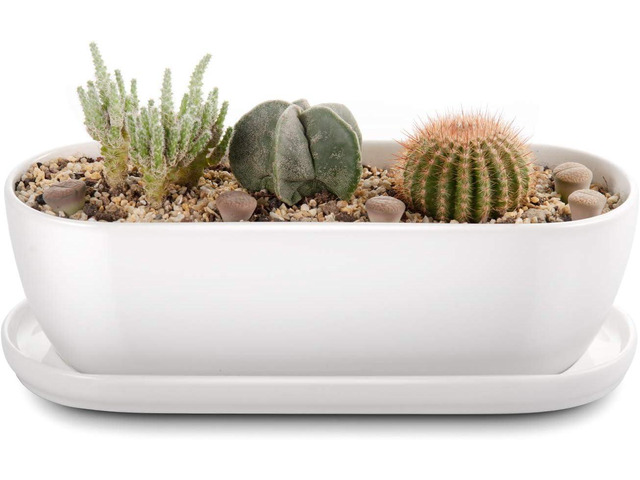 E-liu Oval Ceramic Planter Pot with Drainage Hole Saucers 11 Inch Succulents Planter Home Decor for Indoor Outdoor Plants Herb Cactus with 3 Mesh...