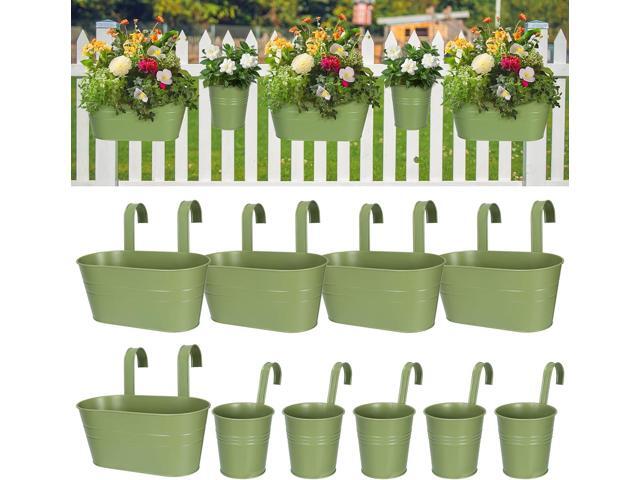 HowRU Metal Iron Flower Pots for Railing Fence Hanging Bucket Pots(5 Pcs) and Hanging Flower Pots Metal Iron Bucket Planter(10 Pcs) (Green)