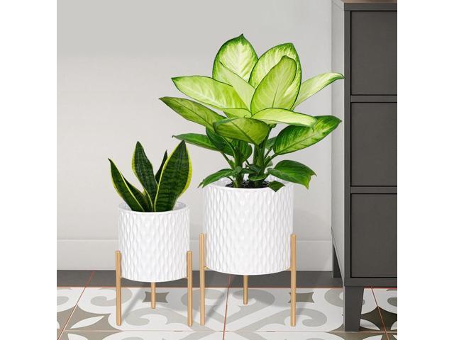 ARNIS Plants Pots with Stand, Set of 2 P lanters, Unique Mid Century Decorative Metal Flower Pots with Drainage, 8.25 & 10.5 Inch, White and Gold