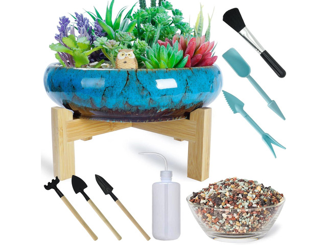Succulent Pots, 10 Inch Large Succulent Planters with Stand - Ceramic Bonsai Pot with Drainage for Indoor Plants Cactus Flower Planter Pot Plus...