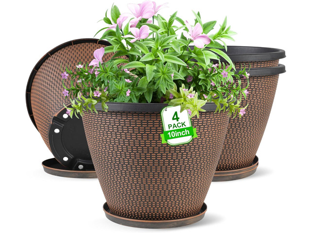 4 Pack 10 inch Plant Pot for Outdoor Indoor, Plastic Flower Pots with Drainage Holes & Saucers, Lightweight Large Outdoor Planter Pot, Imitation...